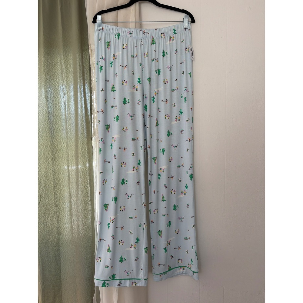Old Navy Pajama Pants Womens Medium Blue NWT Winter Village Ski Christmas Print